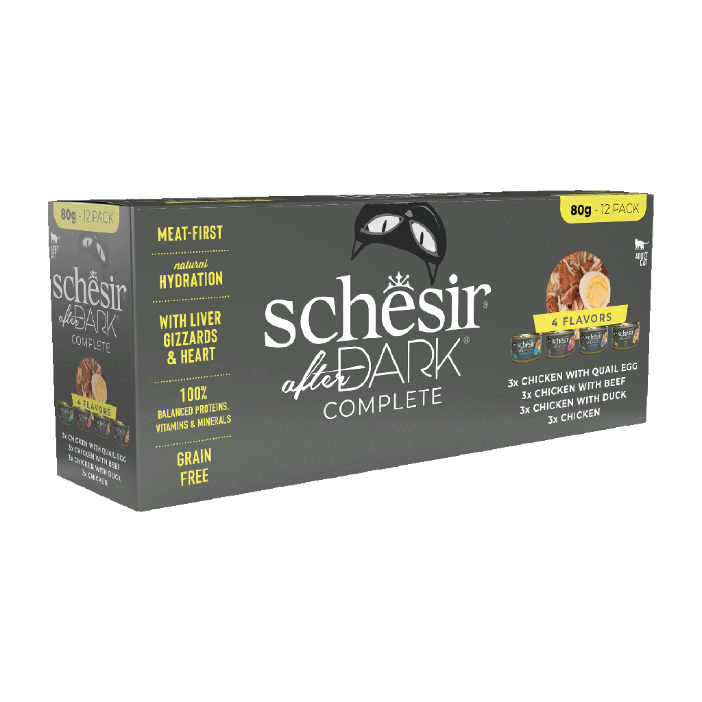 Schesir After Dark Cat Food - Wholefood in Broth Variety Pack (Chicken with Quail Egg + Beef + Duck) - 12 × 80g Cans - Box