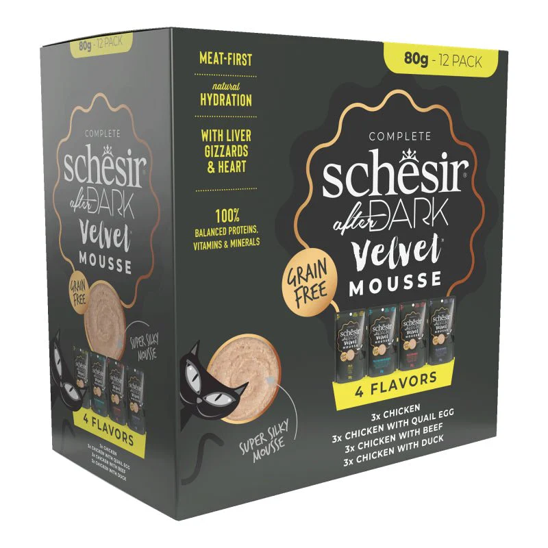 Schesir After Dark Cat Food - Velvet Mousse Variety Pack (Chicken with Quail Egg + Beef + Duck) - 12 × 80g Pouches - Box