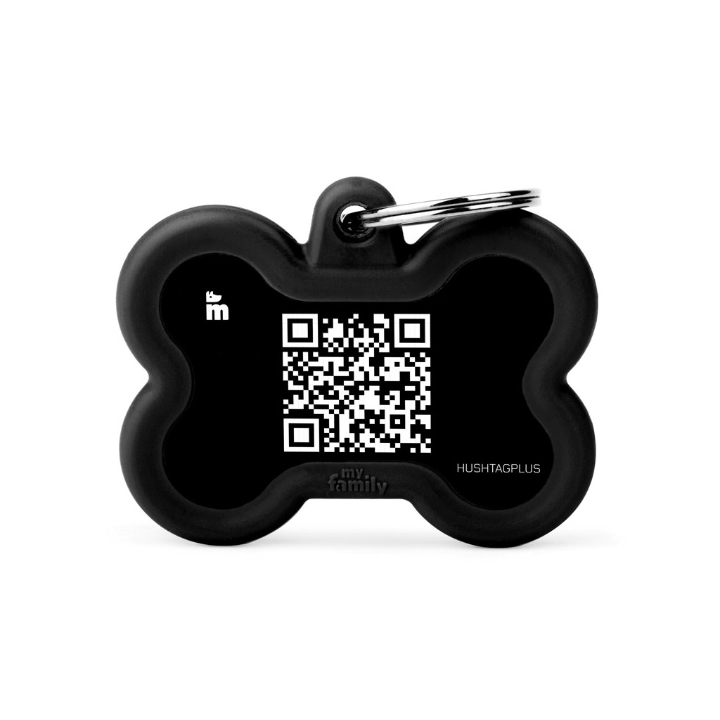 Hushtag Plus QR Code Black Aluminum Bone ID Tag with Black Rubber
