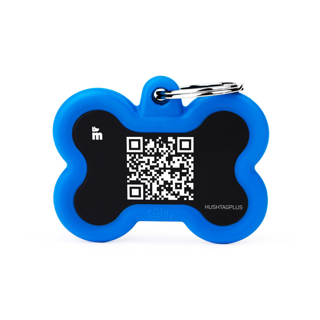 Hushtag Plus QR Code Black Aluminum Bone ID Tag with Blue Rubber