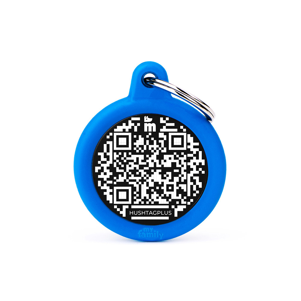 Hushtag Plus QR Code Black Aluminum Circle ID Tag with Blue Rubber