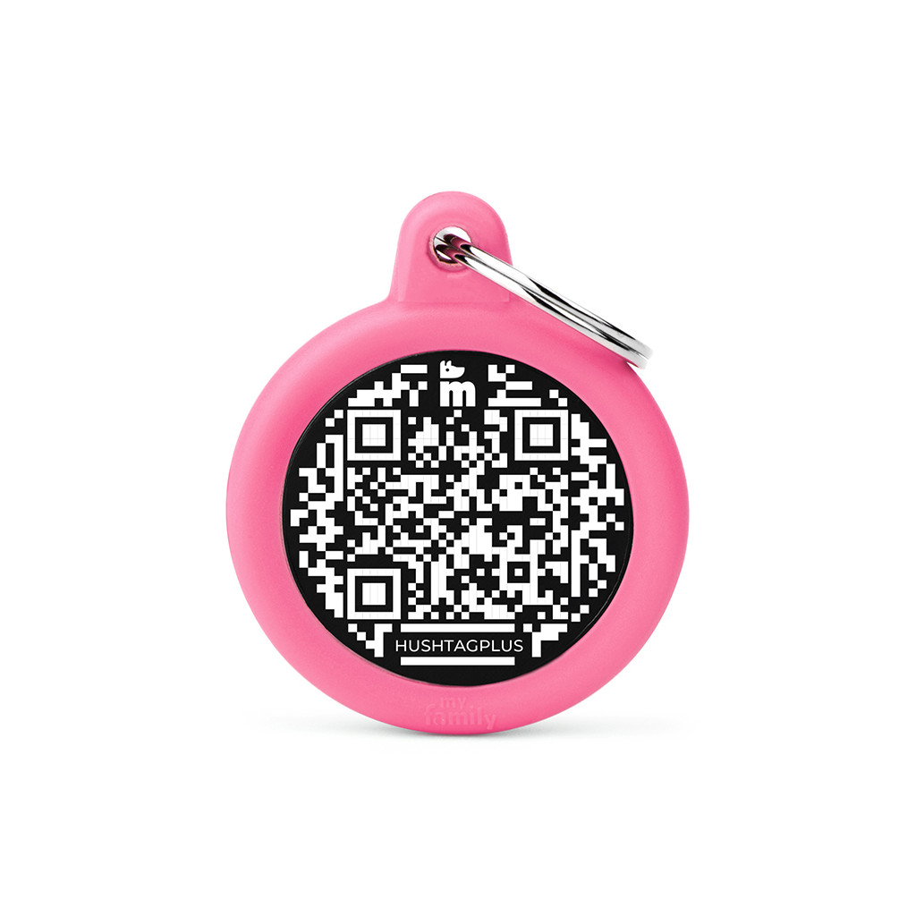 Hushtag Plus QR Code Black Aluminum Circle ID Tag with Pink Rubber