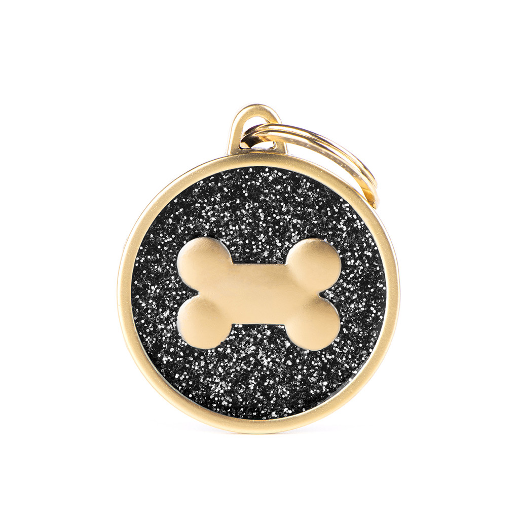 Shine Big Black Glitter Bone Satin Gold ID Tag