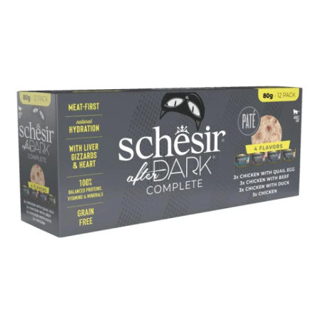 Schesir After Dark Pate Variety Pack Adult Cat Mixed  (PATE' IN BROTH CHICKEN - CHICKEN WITH QUAIL EGG) 12X80g- Box