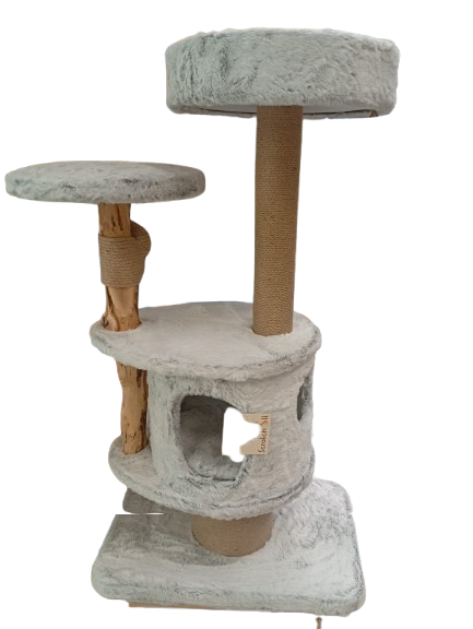 Premium Natural Pear Wood Cat Scratching Tree with Jute Posts and Plush Rabbit Fabric Base (60 × 40 × 112 cm)