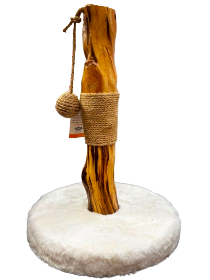 Premium Natural Pear Wood Cat Scratching Post with Long Plush Base and Jute Rope (30 × 30 × 43 cm)
