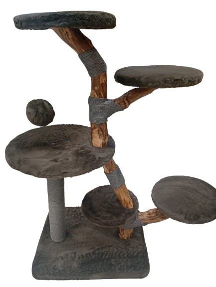 Premium Natural Wood Cat Scratching Tree with Grey Sisal Rope and Chocolate Rabbit Plush Fabric (60 × 50 × 119 cm)