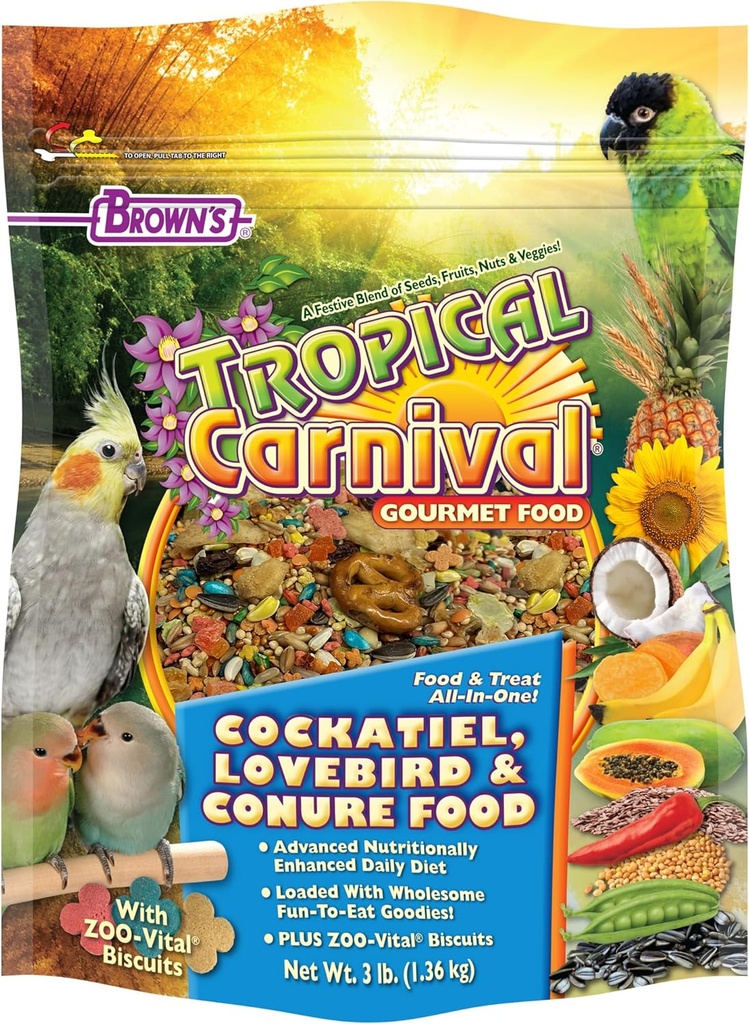 FM Browns Tropical Carnival Gourmet Cockatiel, Lovebird & Conure Food – 3 lb (1.36 kg) 1x6