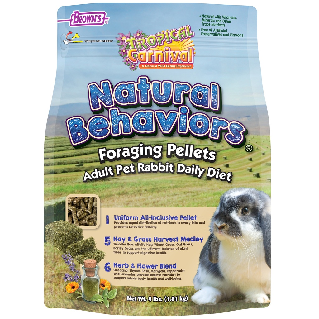FM Browns Tropical Carnival Natural Behaviors Foraging Pellets Adult Pet Rabbit Daily Diet – 4 lb (1.81 kg) 1x3