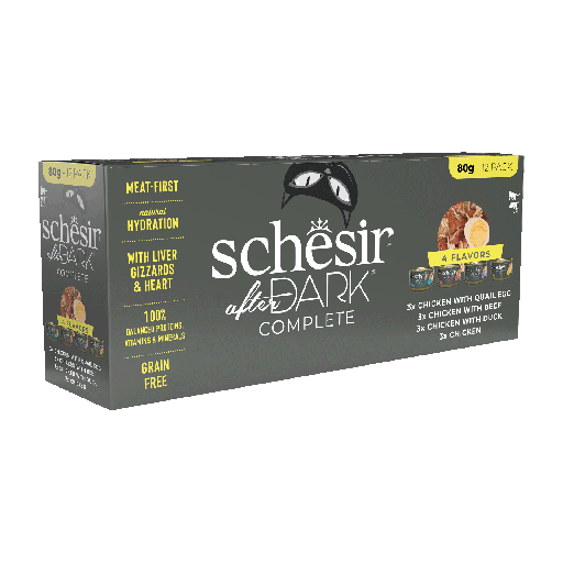 Schesir After Dark Cat Food - Wholefood in Broth Variety Pack (Chicken with Quail Egg + Beef + Duck) - 12 × 80g Cans - Box