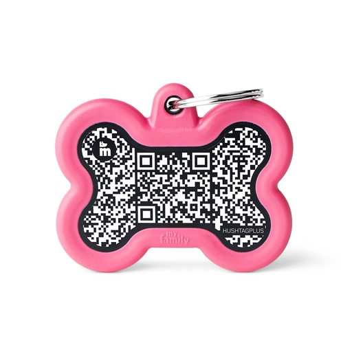 Hushtag Plus QR Code Black Aluminum Bone ID Tag with Pink Rubber