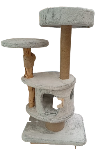 [Scratch It] Premium Natural Pear Wood Cat Scratching Tree with Jute Posts and Plush Rabbit Fabric Base (60 × 40 × 112 cm)